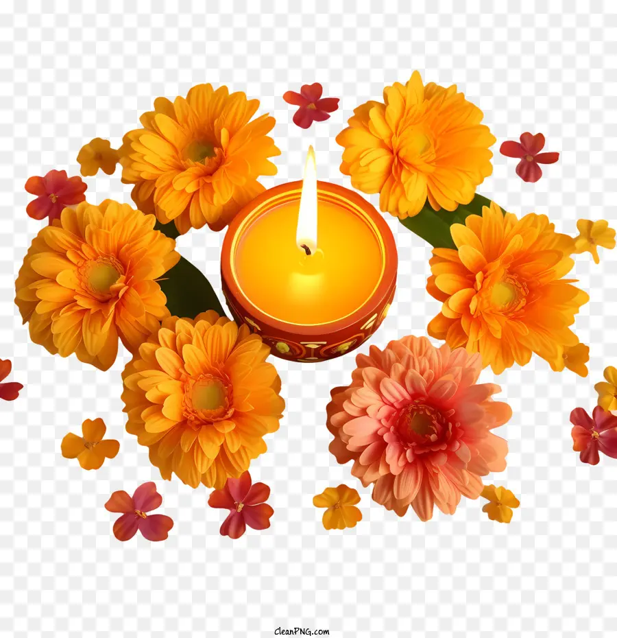 Diwali Diya，Mum Ve Çiçekler PNG