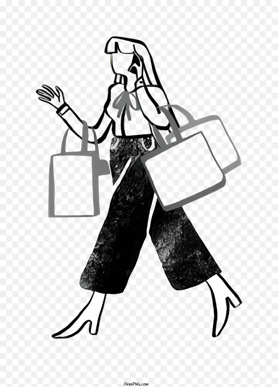 Siyah Ve Beyaz Illüstrasyon，Alışveriş çantaları Taşıyan Kadın PNG