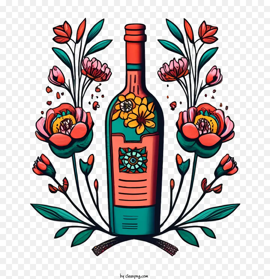 şarap şişesi，çiçek Tasarımı PNG