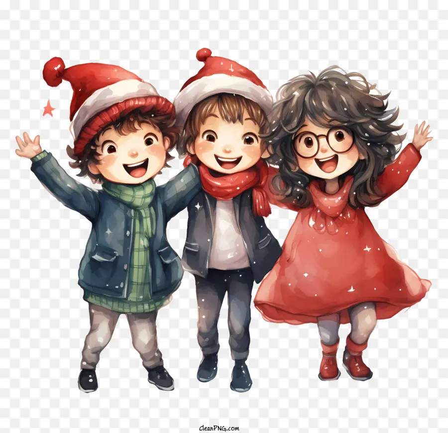 Noel Baba şapkalarında çocuklar，Renkli Kıyafetler PNG