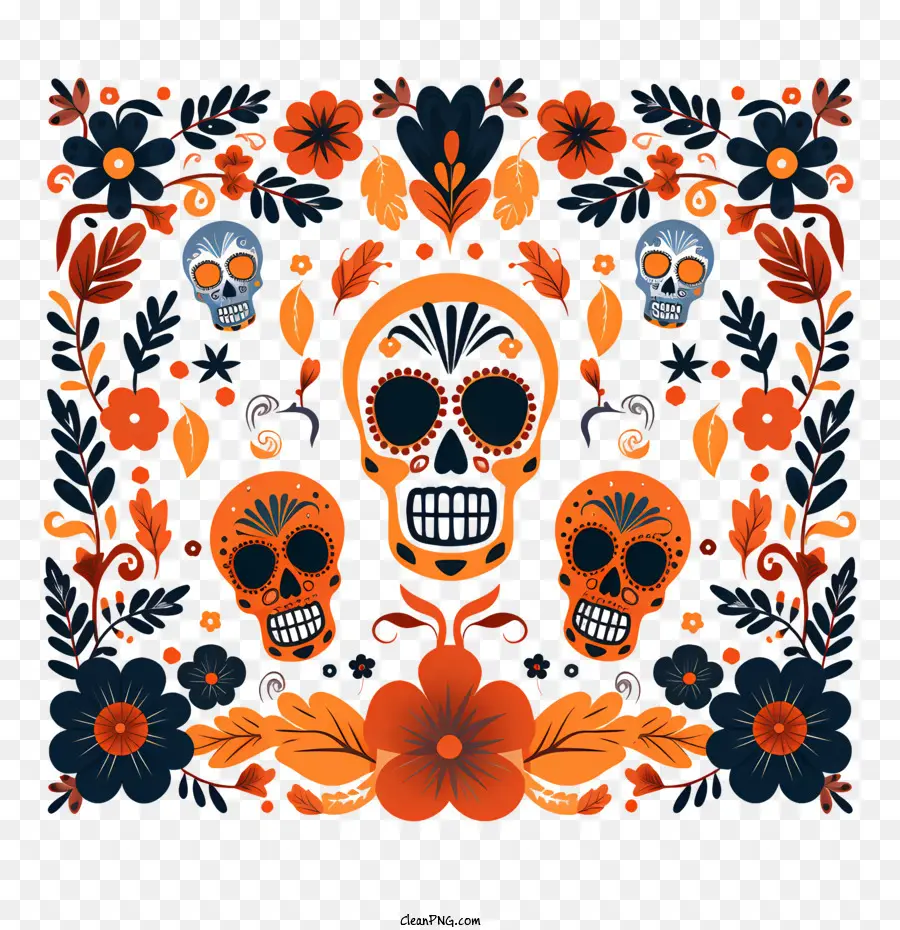 Dia De Muertos，Renkli Kafatasları Ve Çiçekler PNG