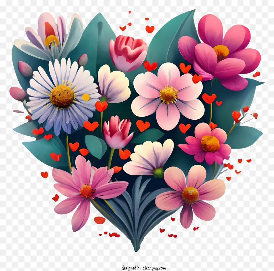 Kalp şeklindeki Kompozisyon，Renkli çiçekler PNG