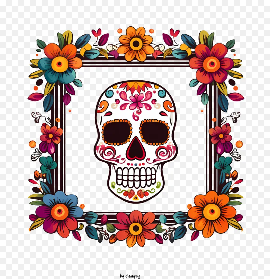 Dia De Muertos，Kafatasları Ve Çiçekler PNG