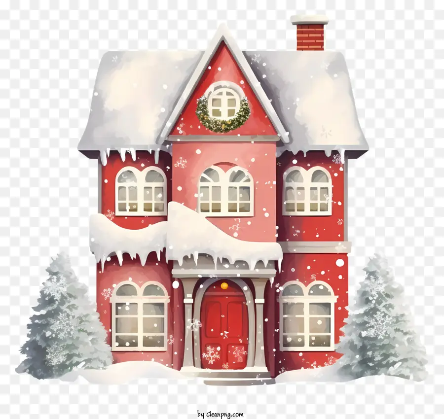 Kar Kaplı Ev，Kırmızı Twostory House PNG