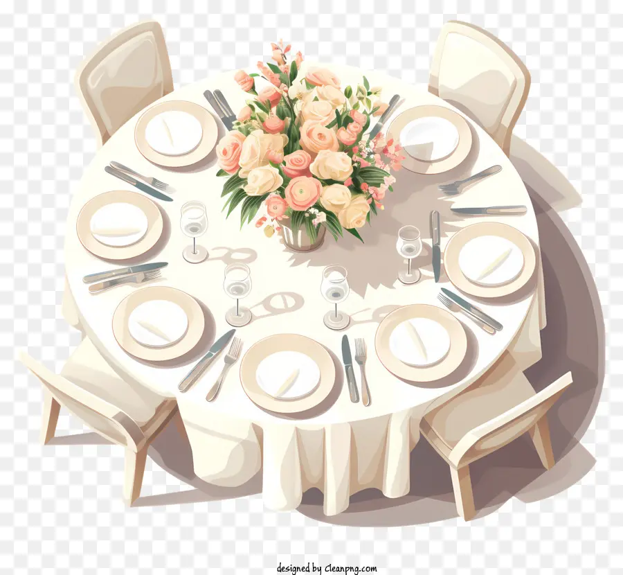 Yuvarlak Yemek Masası Seti，Beyaz Masa örtüsü PNG