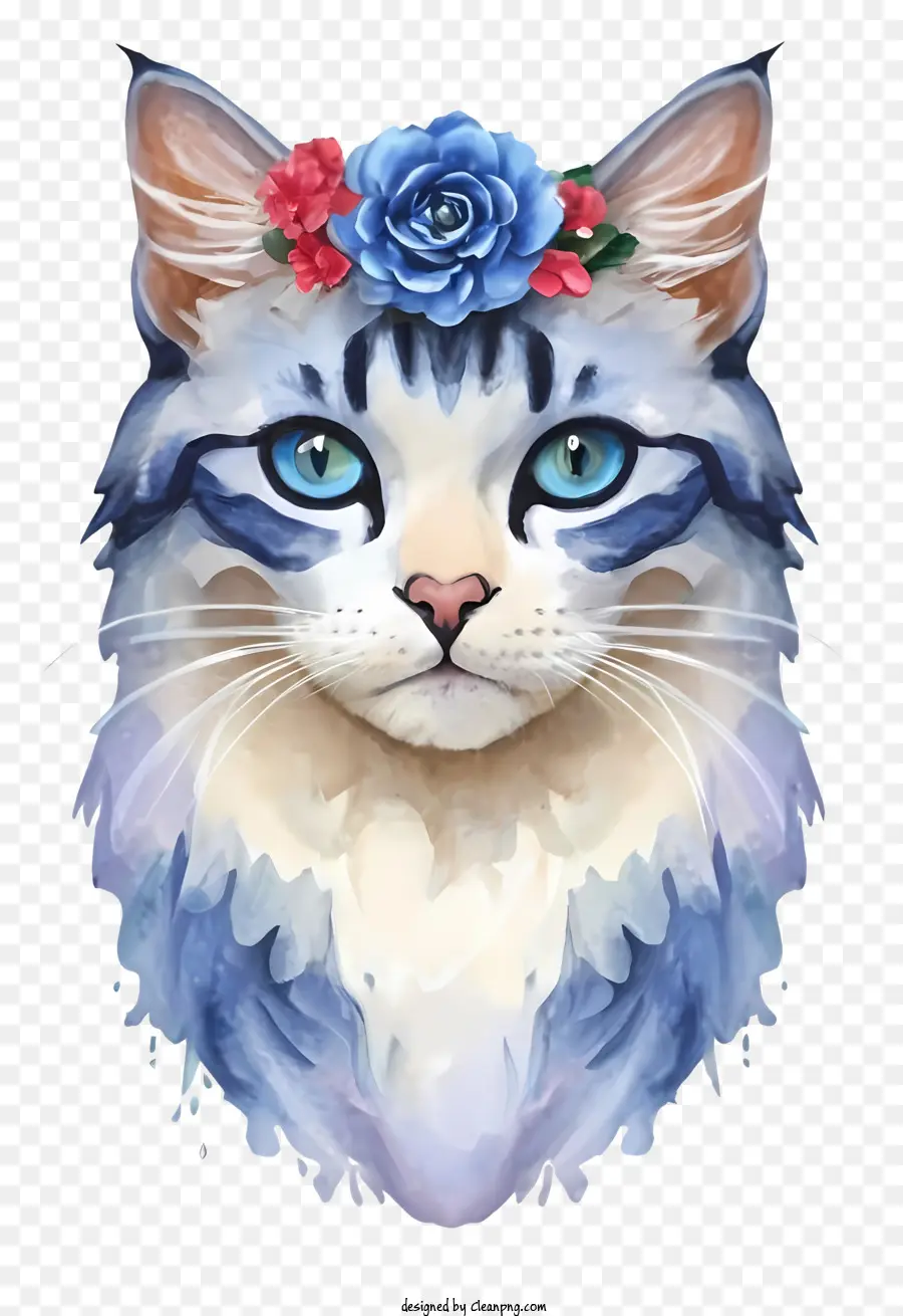 Mavi Ve Beyaz Kedi，Mavi çiçek Taç PNG