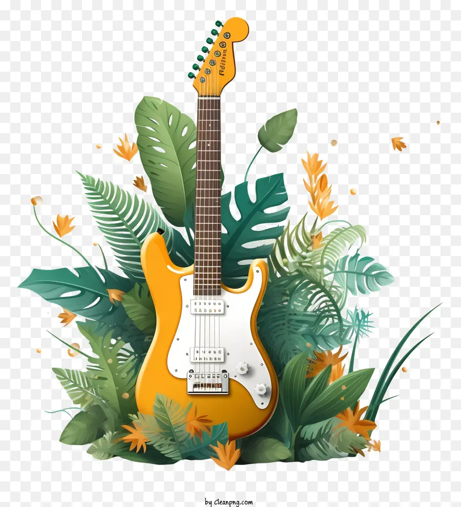 Sarı Elektro Gitar，Yeşil Bitkiler PNG