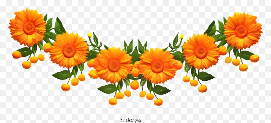 Gerçekçi Marigold Çiçek Çelenk，Turuncu çiçekler PNG