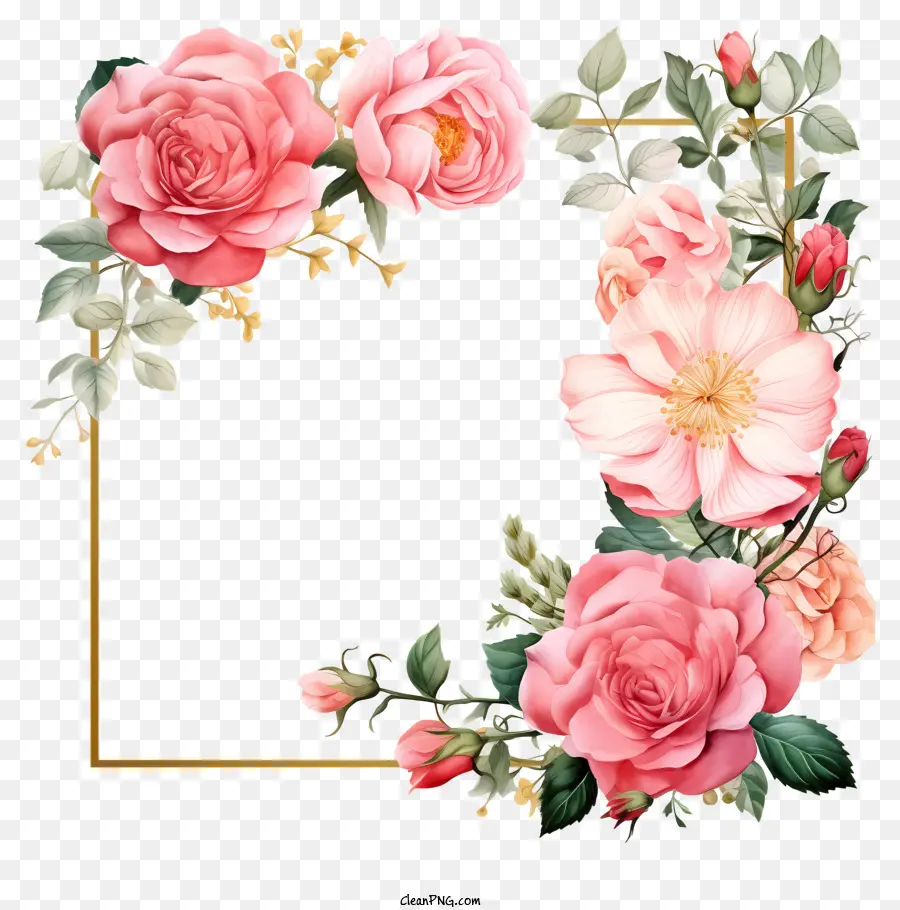 Suluboya Düğün çiçek çerçevesi，Pembe Güller PNG