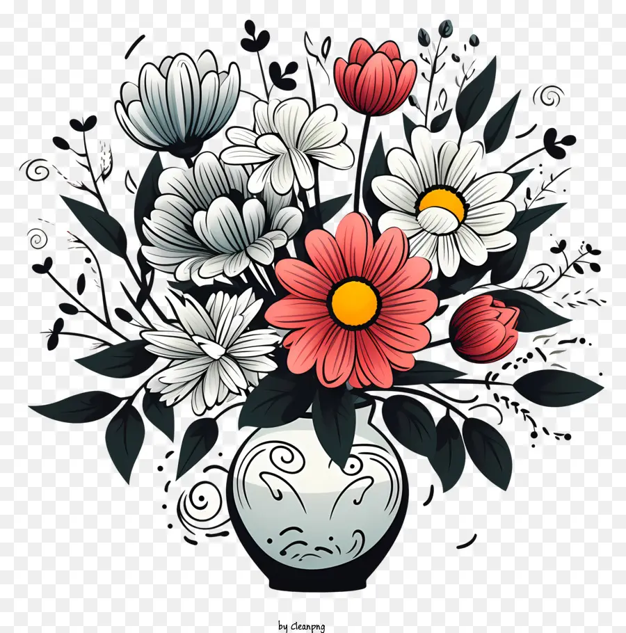 Vazoda Doodle Tarzı çiçek，Beyaz Vazo PNG