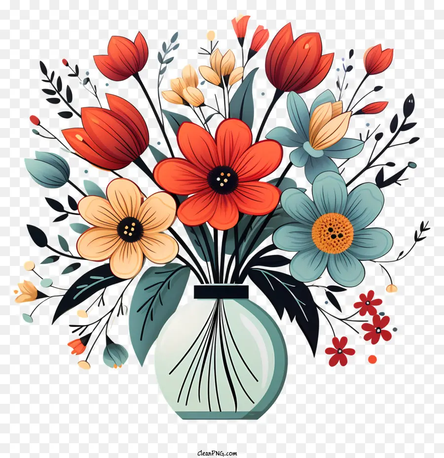 Vazoda Doodle Tarzı çiçek，Renkli çiçek Buketi PNG