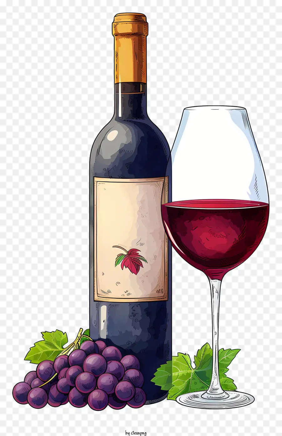 Kırmızı şarap Ve Cam Ile Doodle Tarzı şişe，Kırmızı şarap PNG