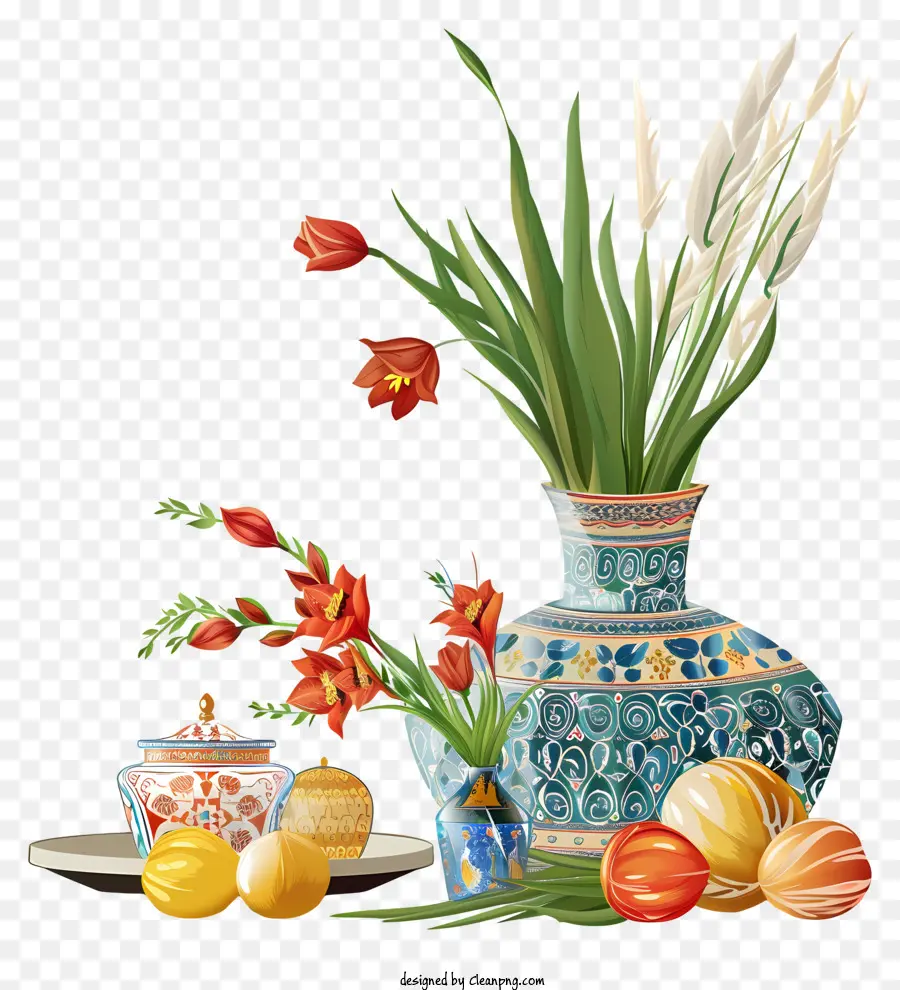 Nevruz Kutlu Olsun，Çiçek Ve Meyveli Dekoratif Vazolar PNG