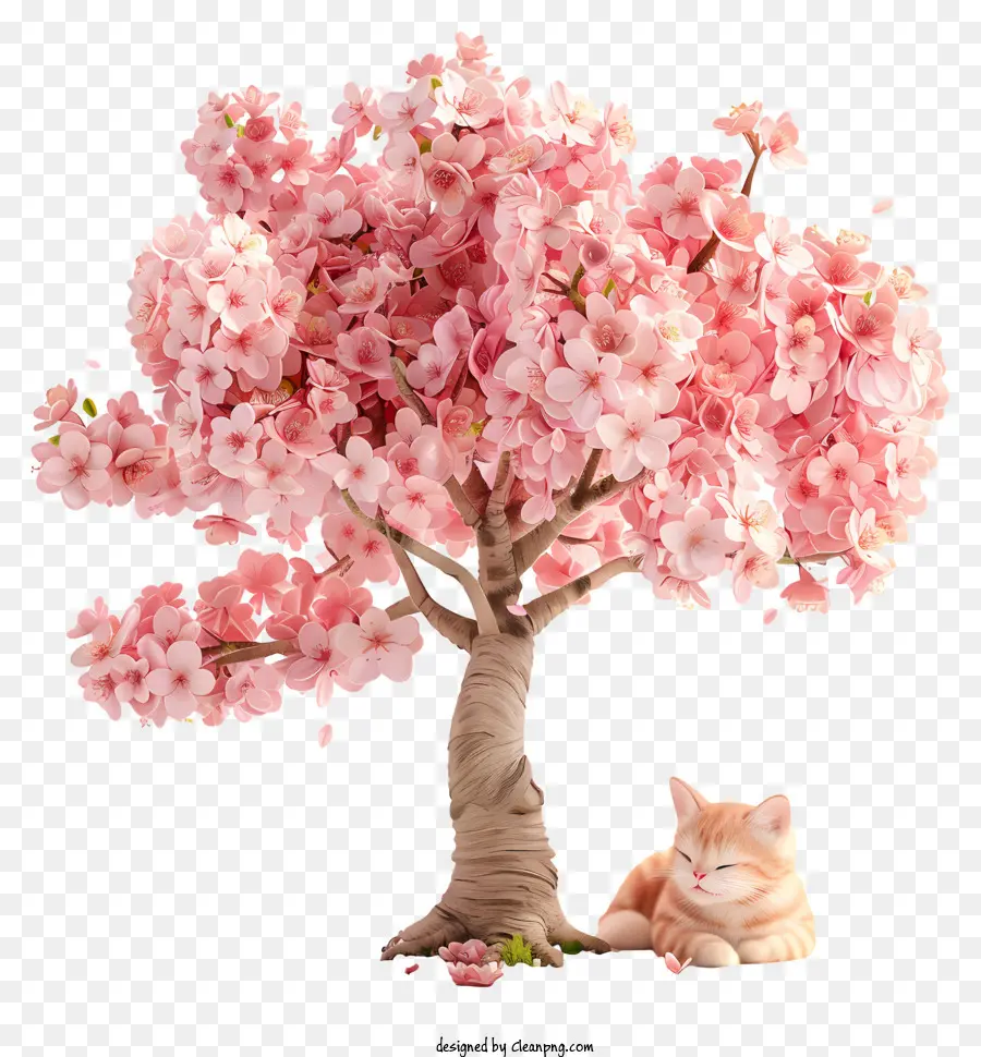 Ağacın Altında Sevimli Kedi，Kiraz çiçeği Ağacı PNG