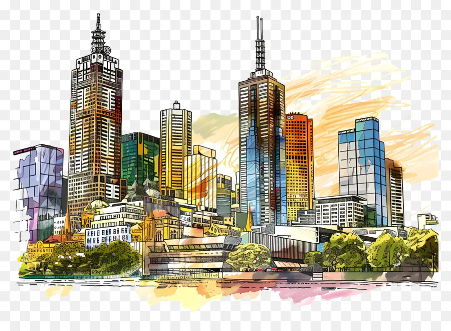 Melbourne City Skyline，Suluboya Resim PNG