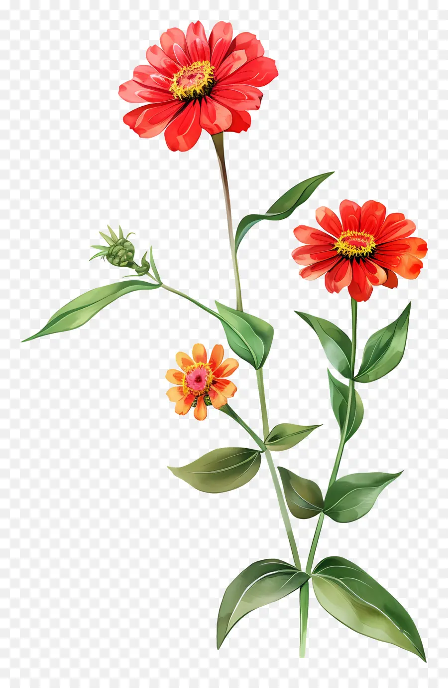 Zinnias Sapı，Kırmızı çiçekler PNG