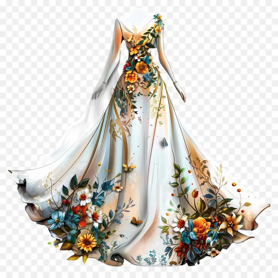 Beyaz Gelinlik，çiçek Desen Elbisesi PNG