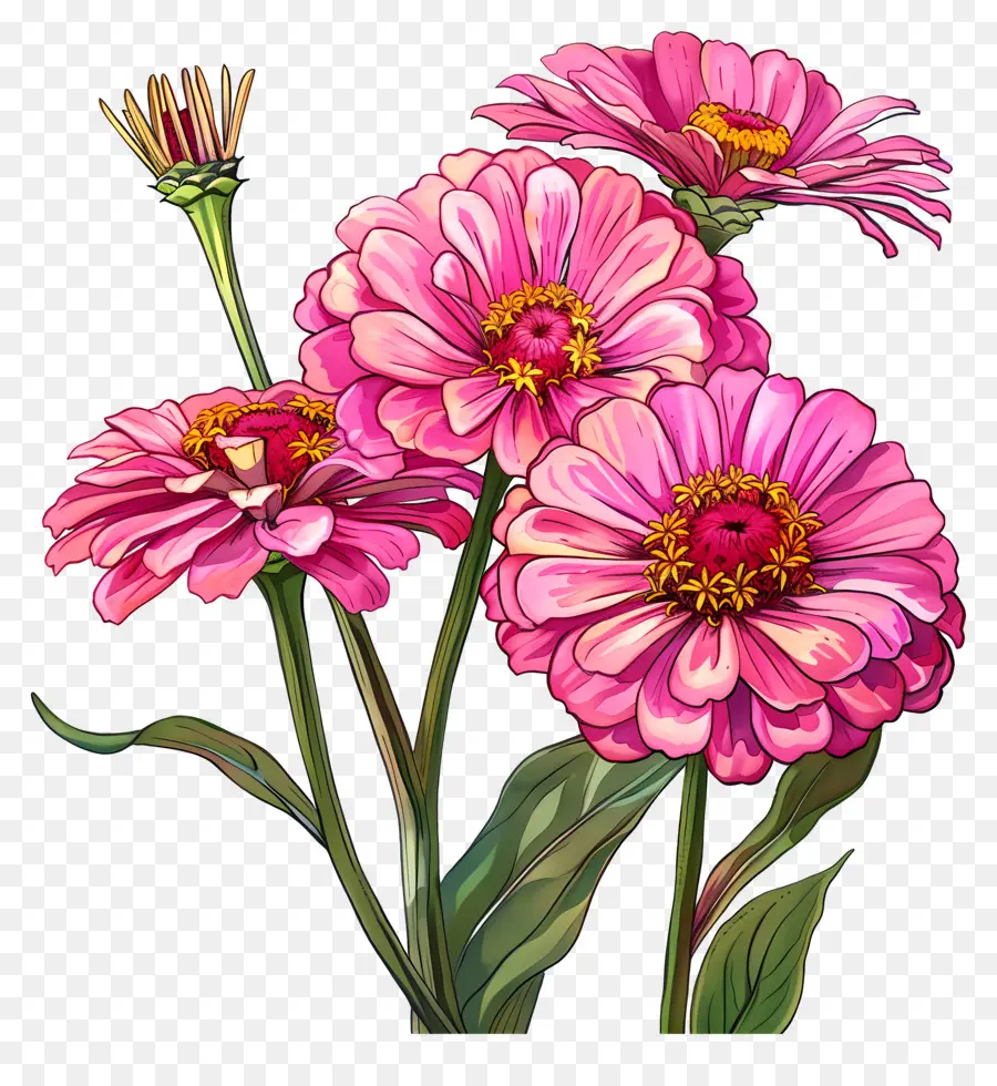 Pembe Zinnias，Stilize Çiçekler PNG