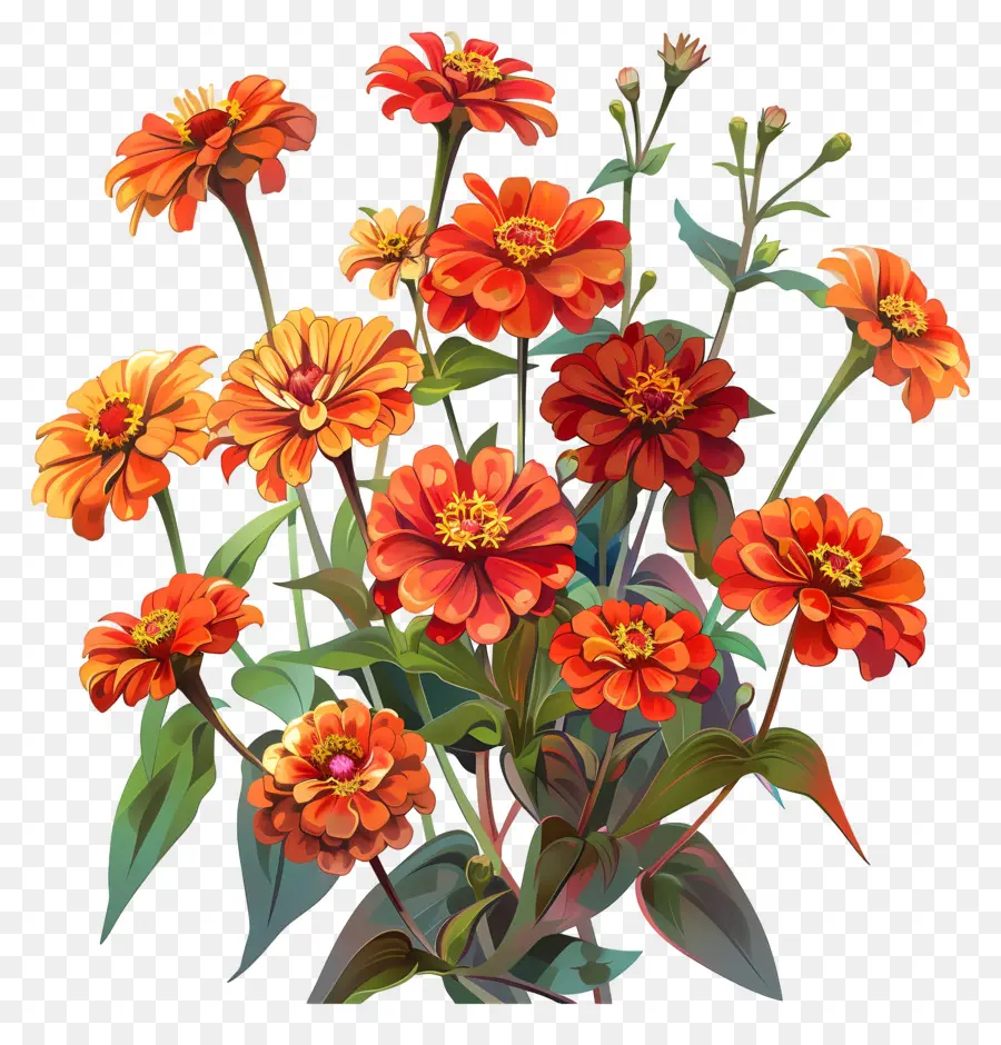 Turuncu Zinnias，çiçek Buketi PNG