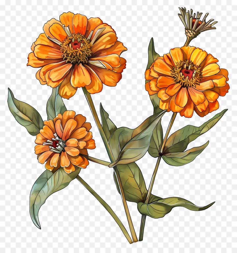 Turuncu Zinnias，Turuncu çiçekler PNG