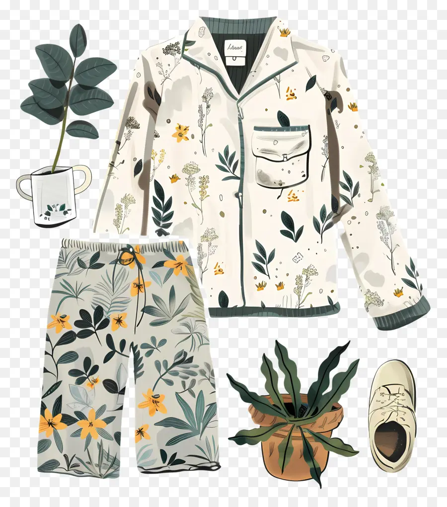 Pijama，Çiçek Baskı Giysileri PNG