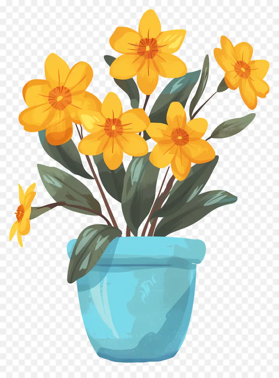 Sarı çiçek，Mavi Vazo PNG