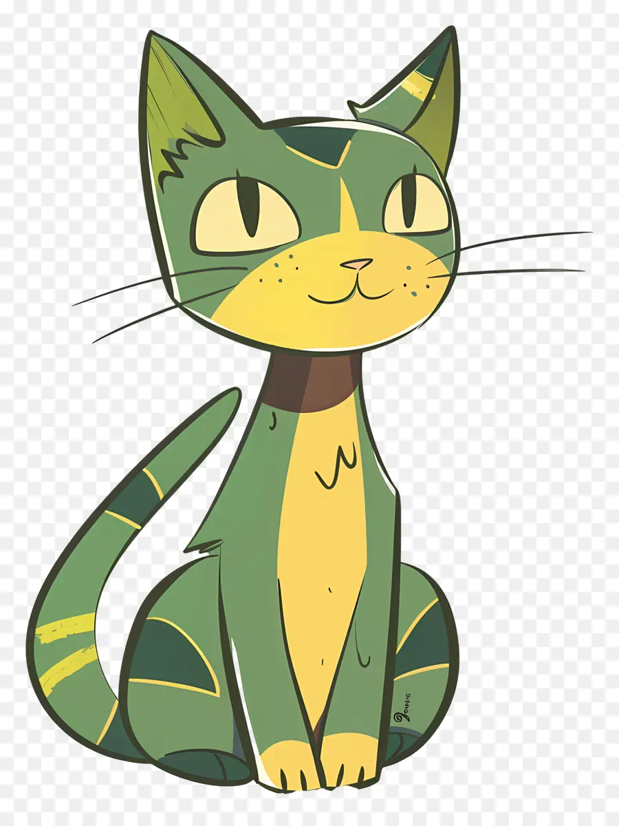 Karikatür Kedi，Yeşil Ve Sarı çizgili Kedi PNG