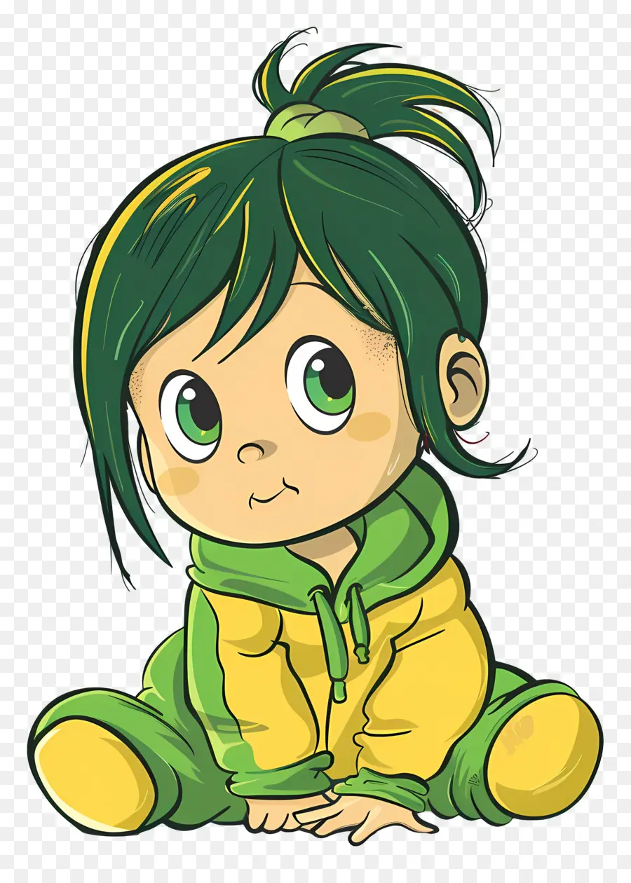 Karikatür Bebek Kız，Yeşil Saç PNG