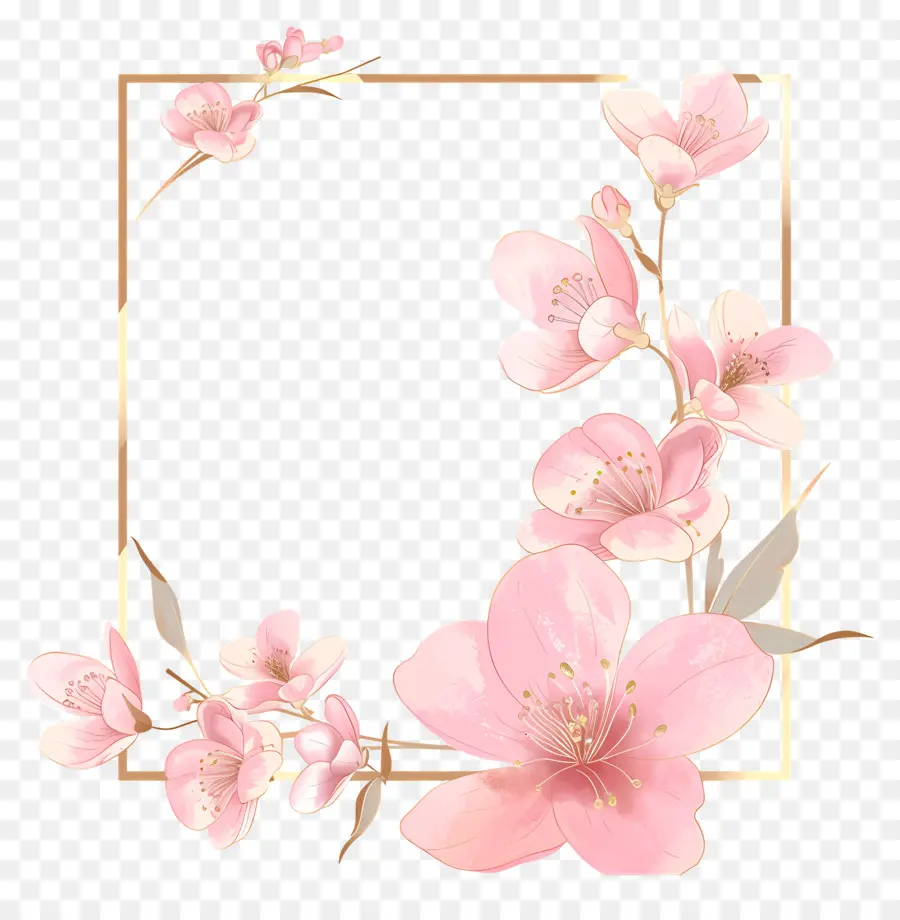 Altın çizgi çerçeve，Sakura çiçekler PNG