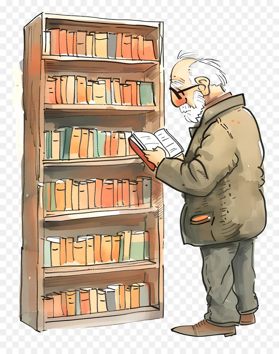 Kitap Alan Yaşlı Adam，Kitaplık PNG