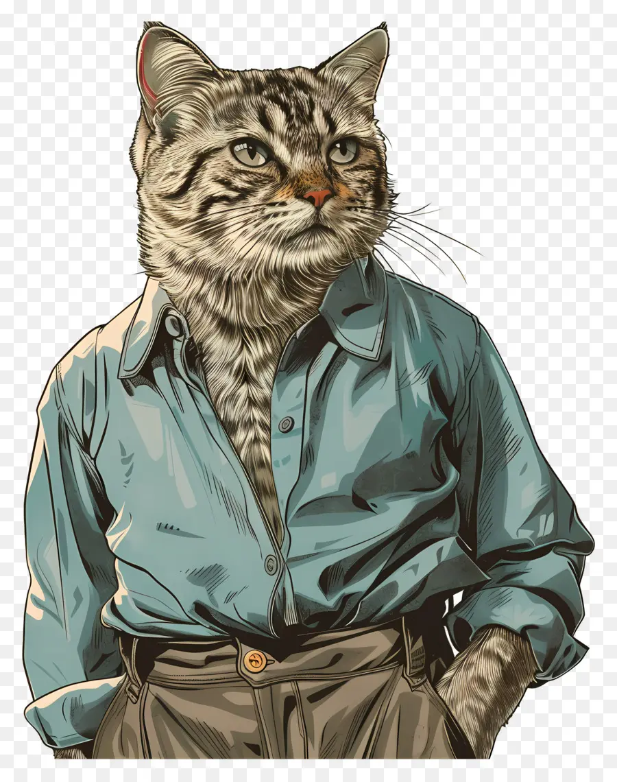 Karikatür Kedi，Mavi Gömlekli Kedi PNG