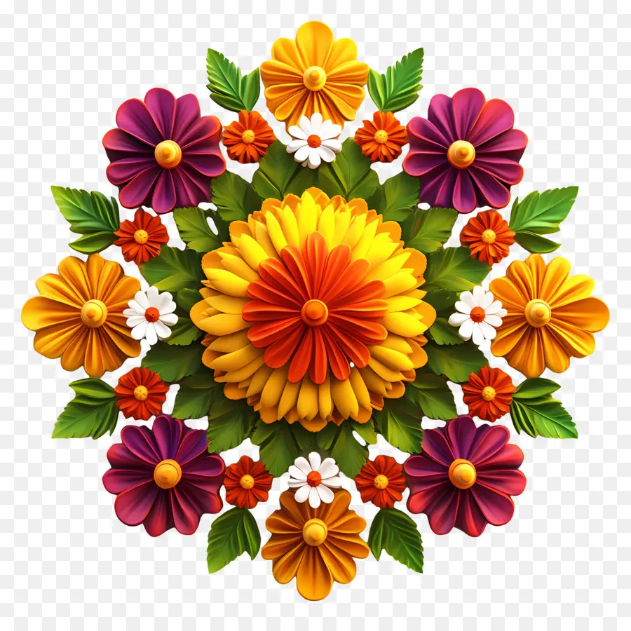 Onam Floral Rangoli，Renkli çiçekler PNG