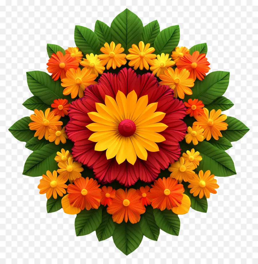 Onam Floral Rangoli，Renkli çiçekler PNG