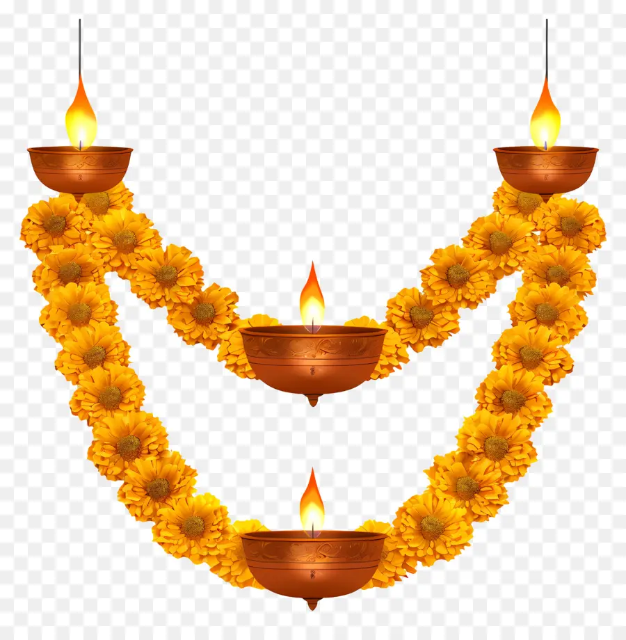 Diwali Kadife Çiçeği Çelenk，Sarı Çiçek Çelenk Ve Lamba PNG