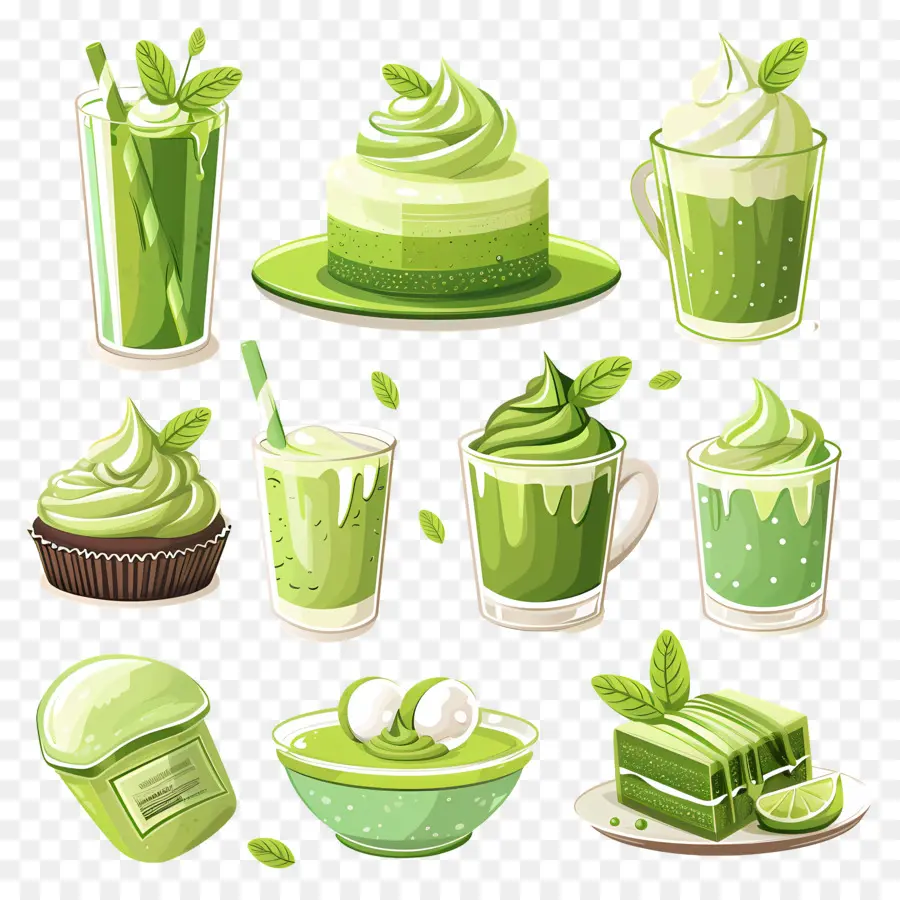 Matcha Tatlıları，Yeşil Cupcakes Ve Makaronlar PNG