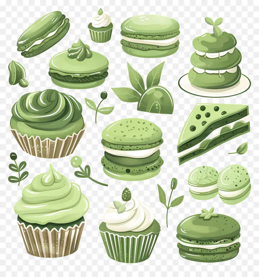 Matcha Tatlıları，Yeşil Cupcakes Ve Makaronlar PNG