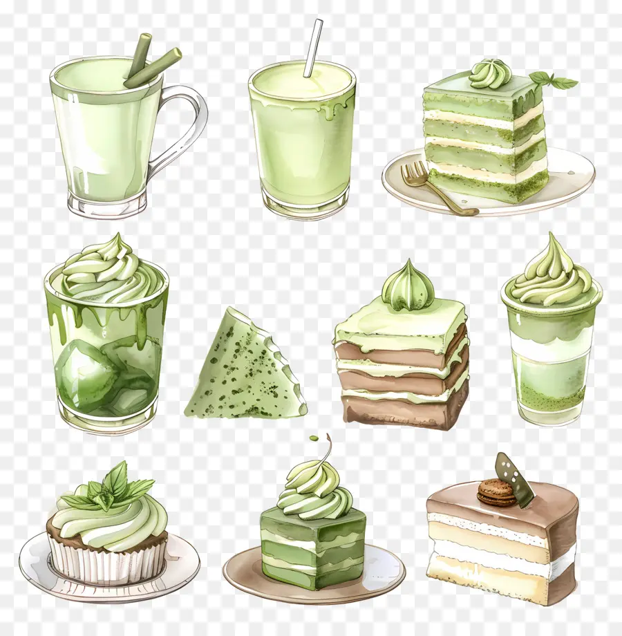 Matcha Tatlıları，Yeşil Kekler Ve İçecekler PNG