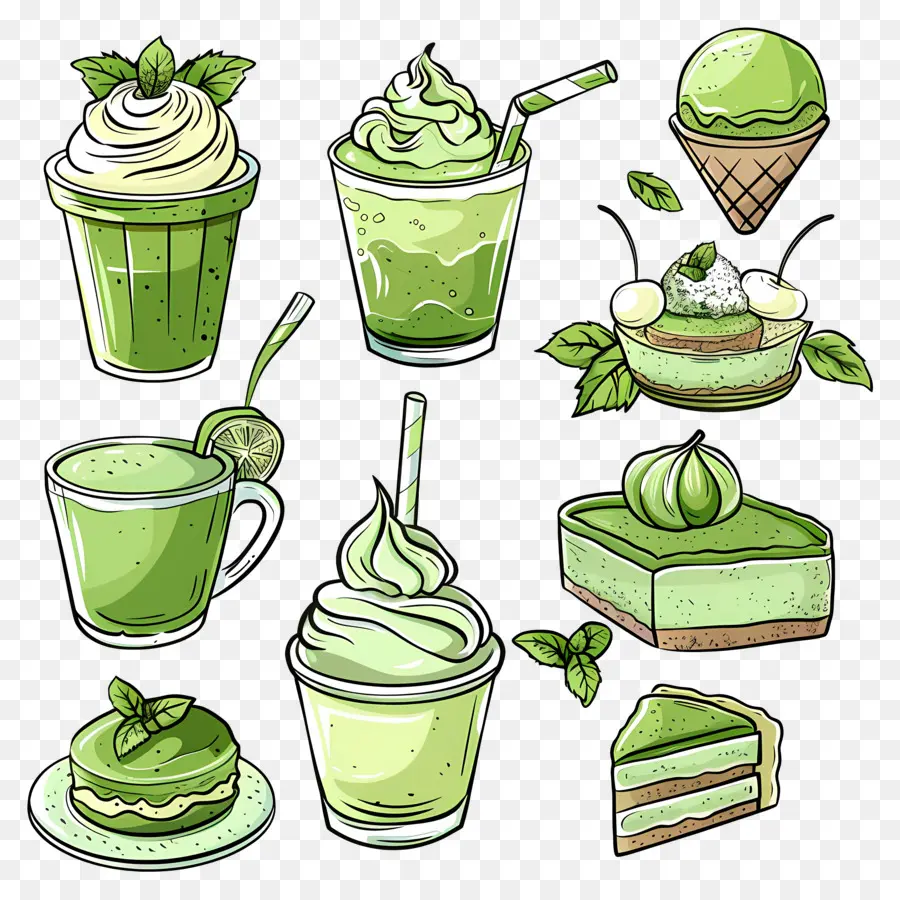 Matcha Tatlıları，Yeşil Tatlılar Ve İçecekler PNG