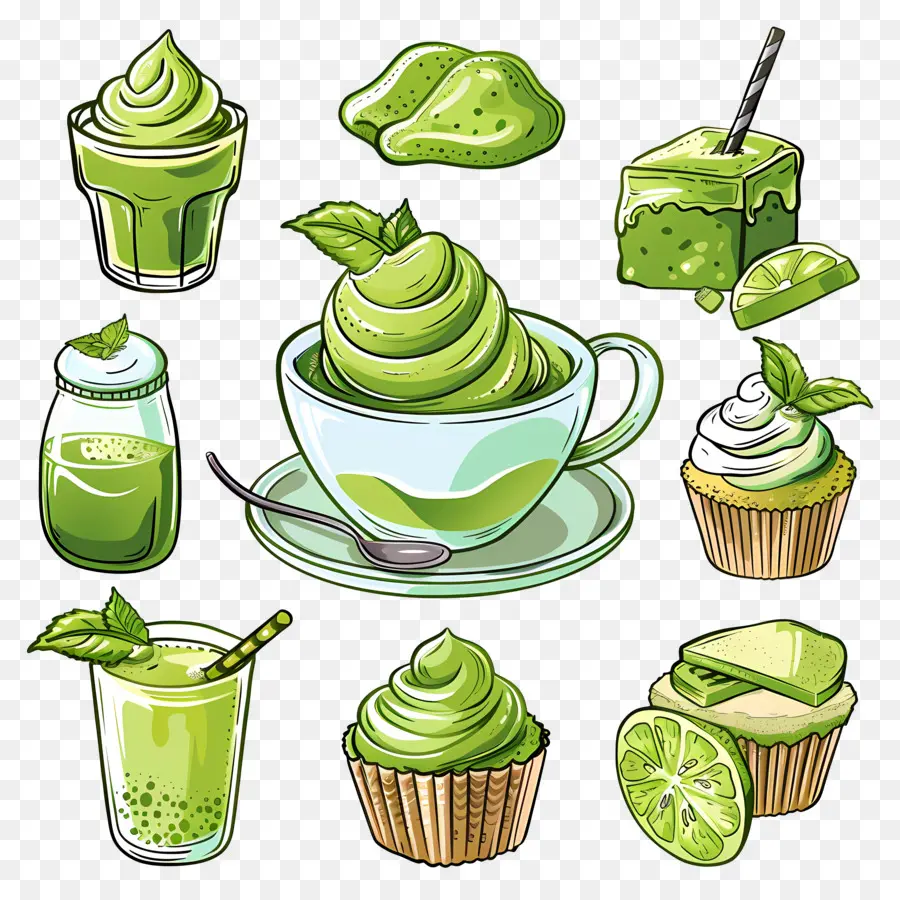 Matcha Tatlıları，Yeşil Tatlılar Ve İçecekler PNG