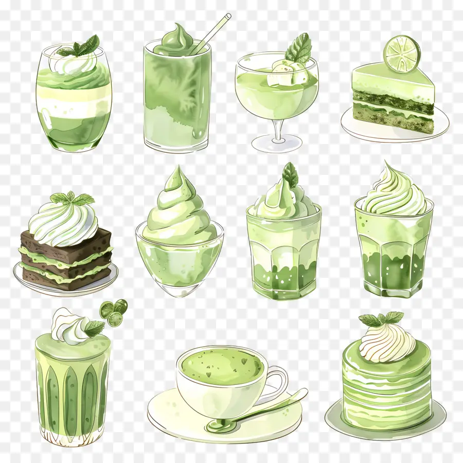 Matcha Tatlıları，Yeşil Tatlılar Ve İçecekler PNG