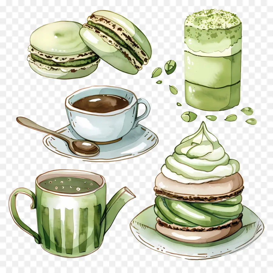 Matcha Tatlıları，Yeşil Makaron Ve Kahve PNG