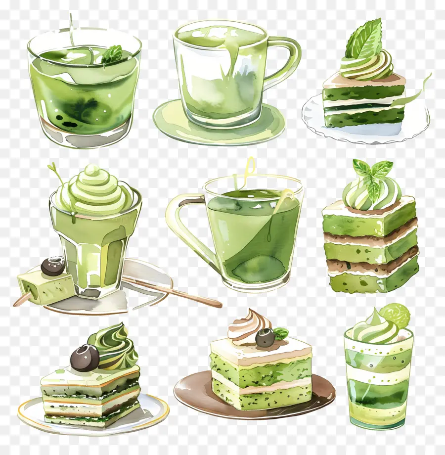 Matcha Tatlıları，Yeşil Kekler Ve İçecekler PNG