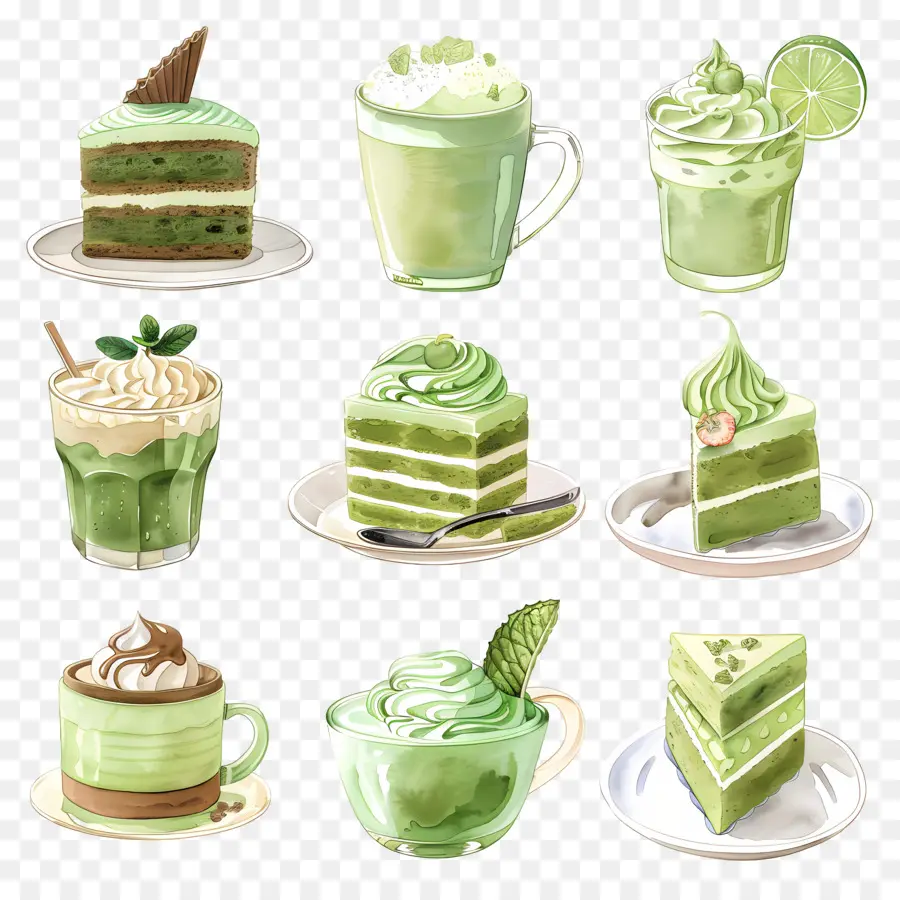 Matcha Tatlıları，Yeşil Kekler Ve İçecekler PNG