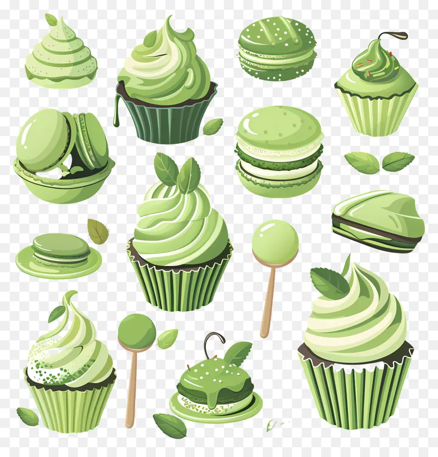 Matcha Tatlıları，Yeşil Cupcakes Ve Makaronlar PNG