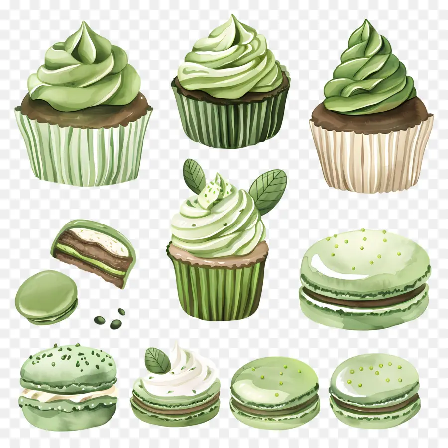 Matcha Tatlıları，Yeşil Cupcakes Ve Makaronlar PNG