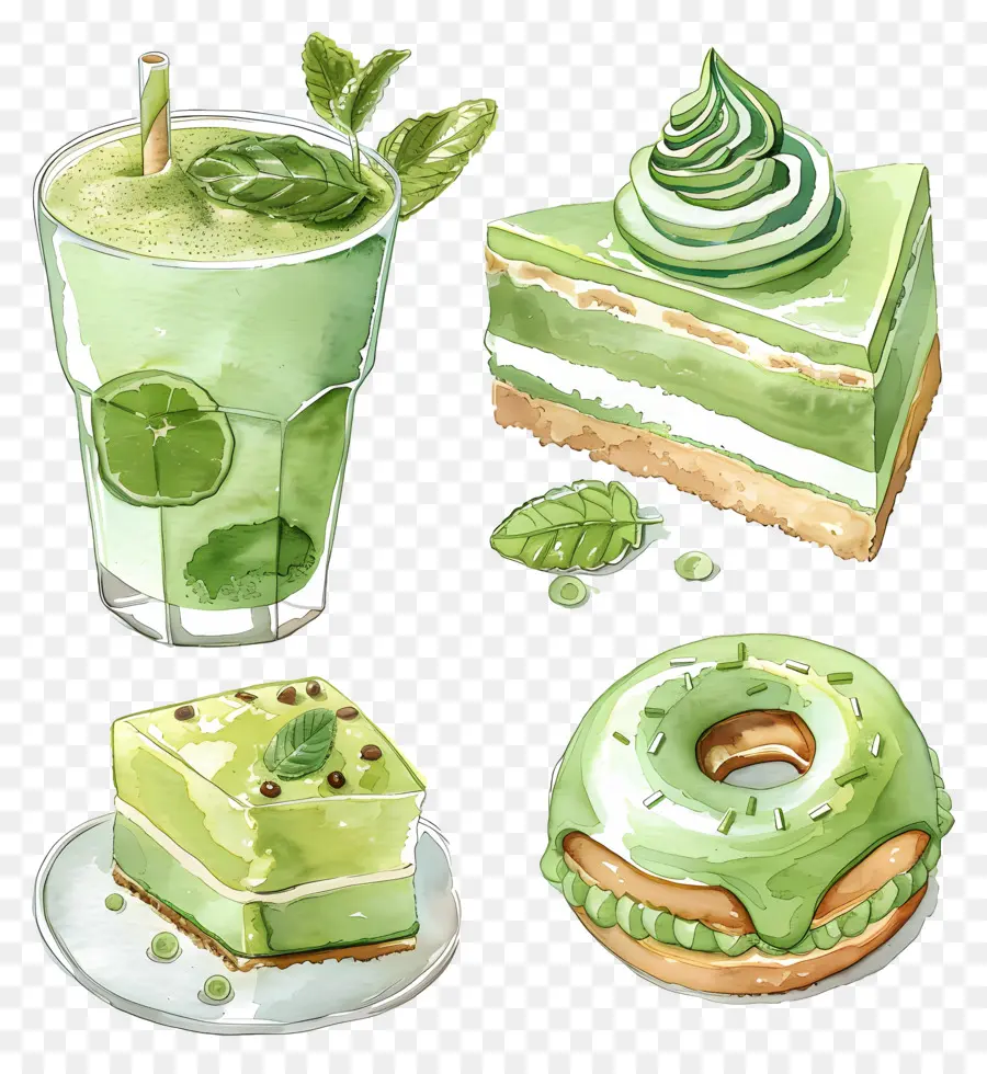 Matcha Tatlıları，Yeşil Kekler Ve İçecekler PNG