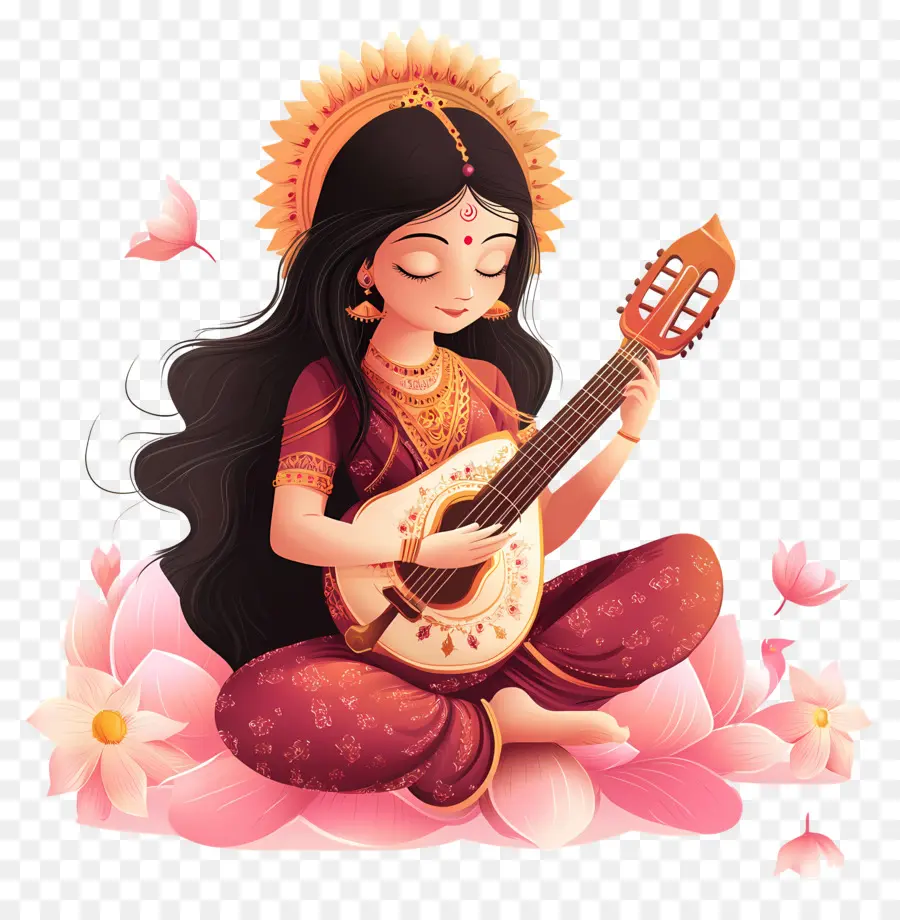 Saraswati，Kadın Gitar çalıyor PNG