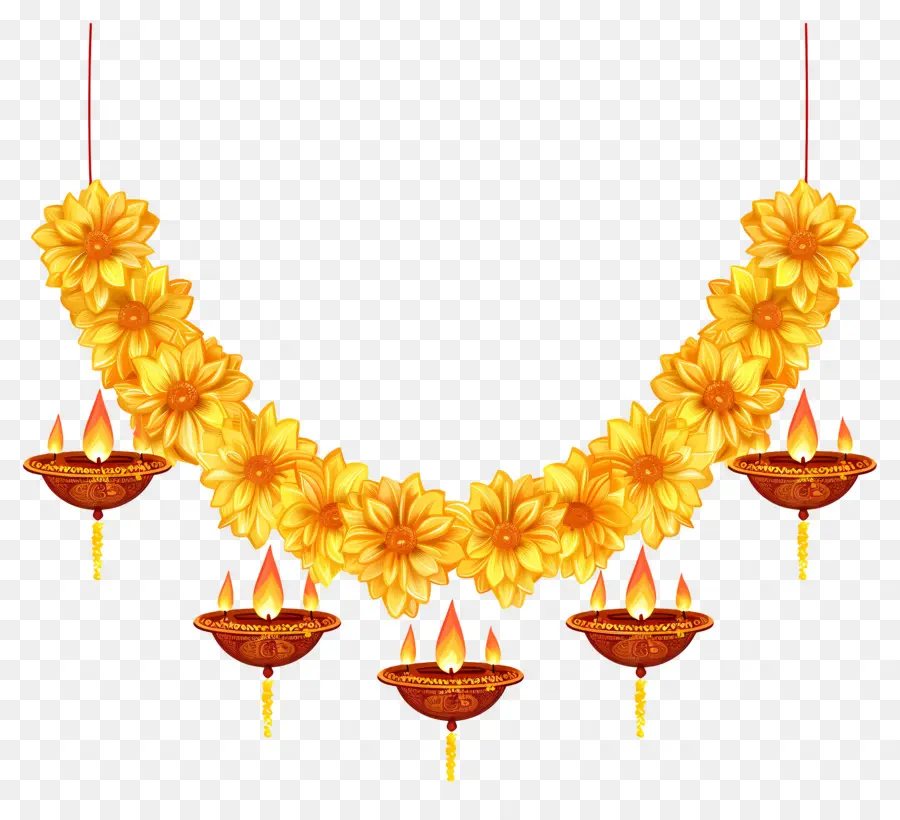 Diwali Kadife Çiçeği Çelengi，Sarı Çiçekler Ve Lambalar PNG