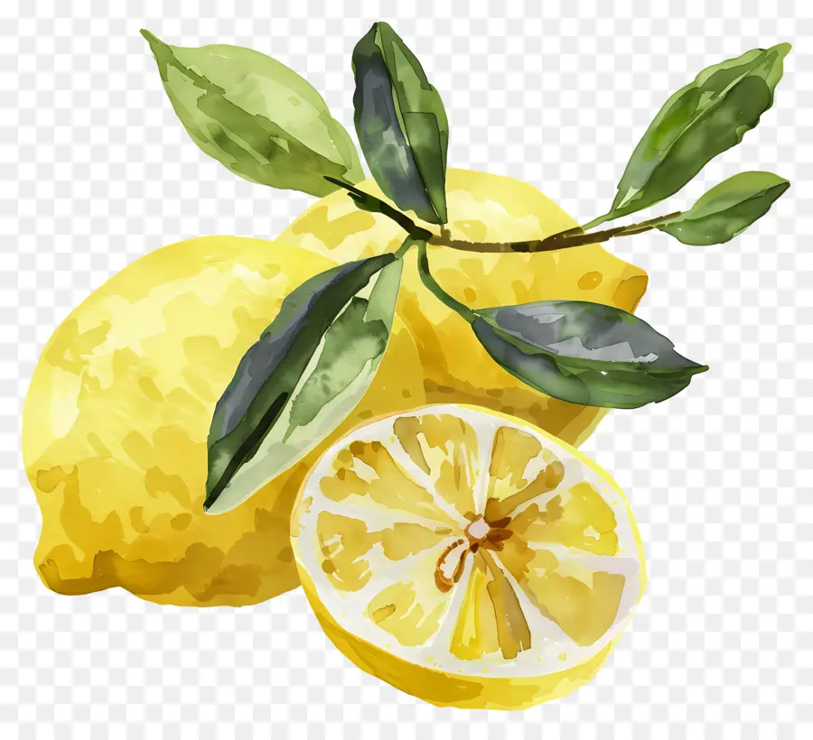 Suluboya Limon，Yapraklı Limonlar PNG