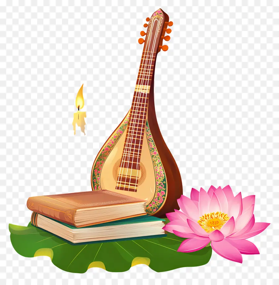 Saraswathi Puja'sı，Mandolin Ve Kitaplar PNG